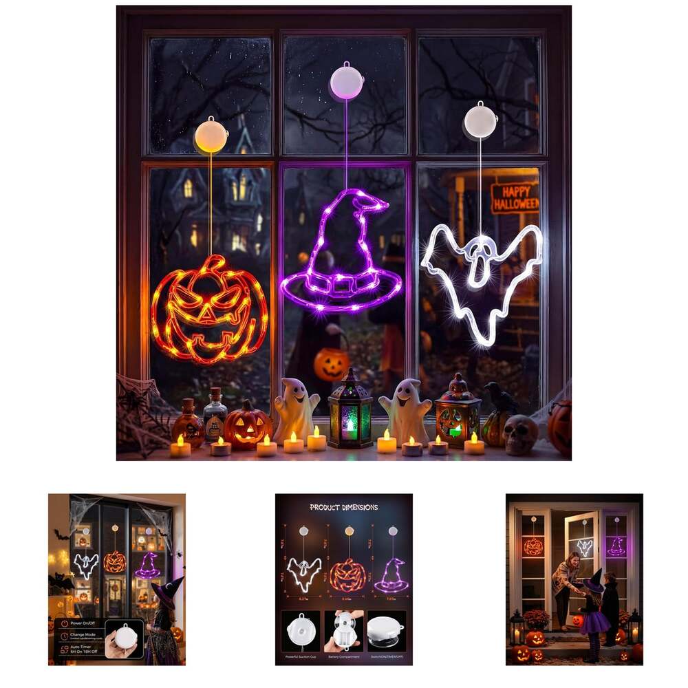 Halloween Window Lights 3 Pack Pumpkin Ghost Hat Battery Operated with Timer